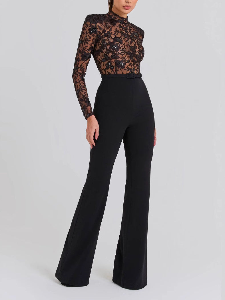 Schwarzer durchsichtiger langärmeliger Hosen-Jumpsuit