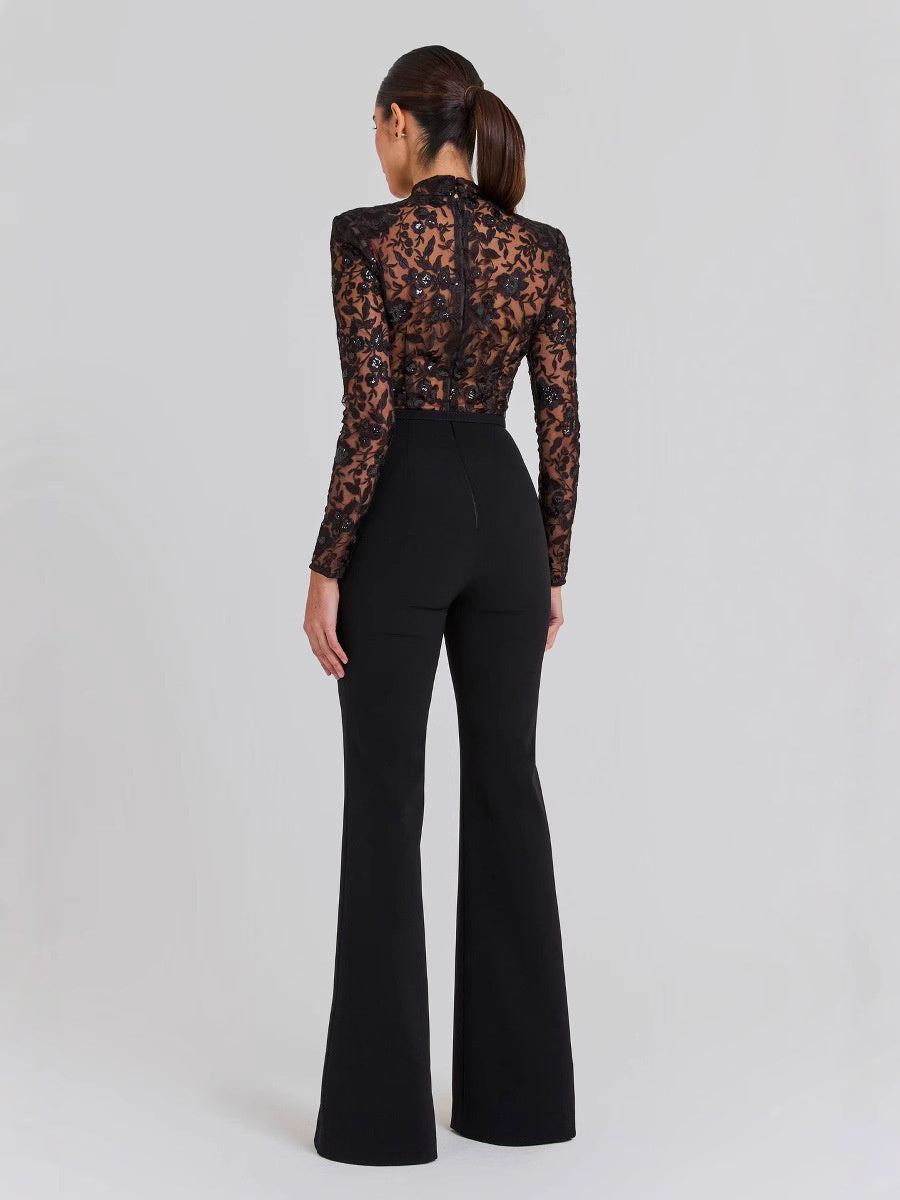 Schwarzer durchsichtiger langärmeliger Hosen-Jumpsuit