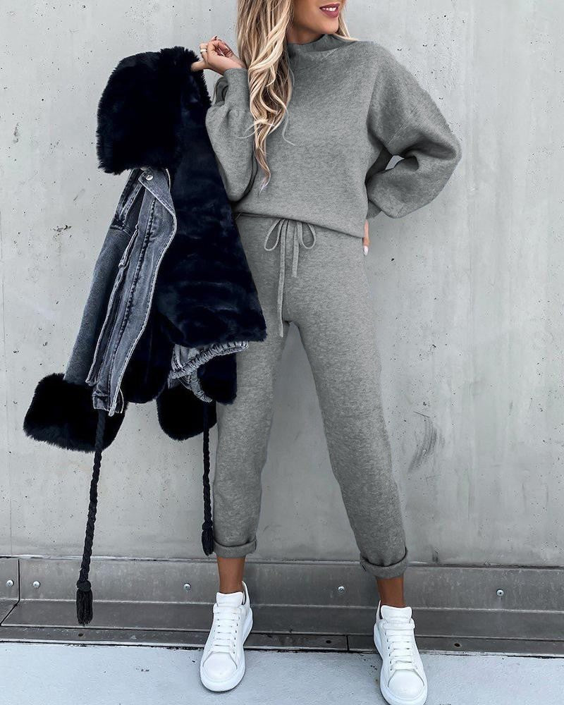 Stehkragen Hose mit langen Ärmeln und Taschen Lässiger Zweiteiler