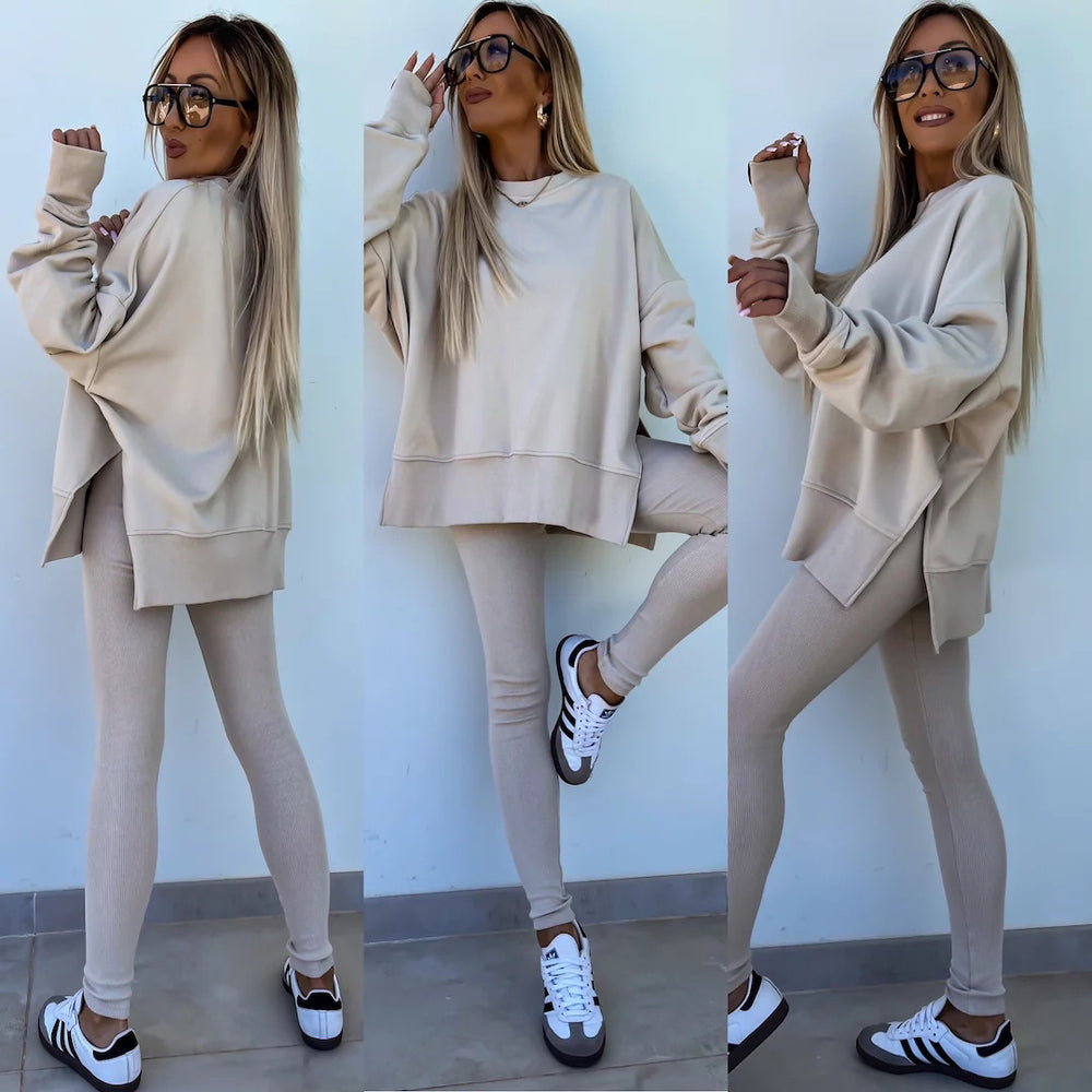 Pullover Anzug Casual Langarm Rundhalsausschnitt Schlitz Top Enge Hose