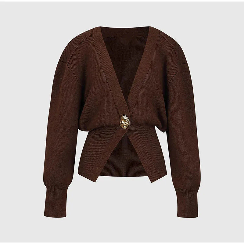 Neue V-Ausschnitt-Knopfstrickjacke gestrickter Pullover