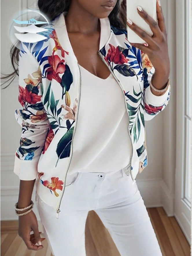 Florale Bomberjacke  Weiss mit buntem Print