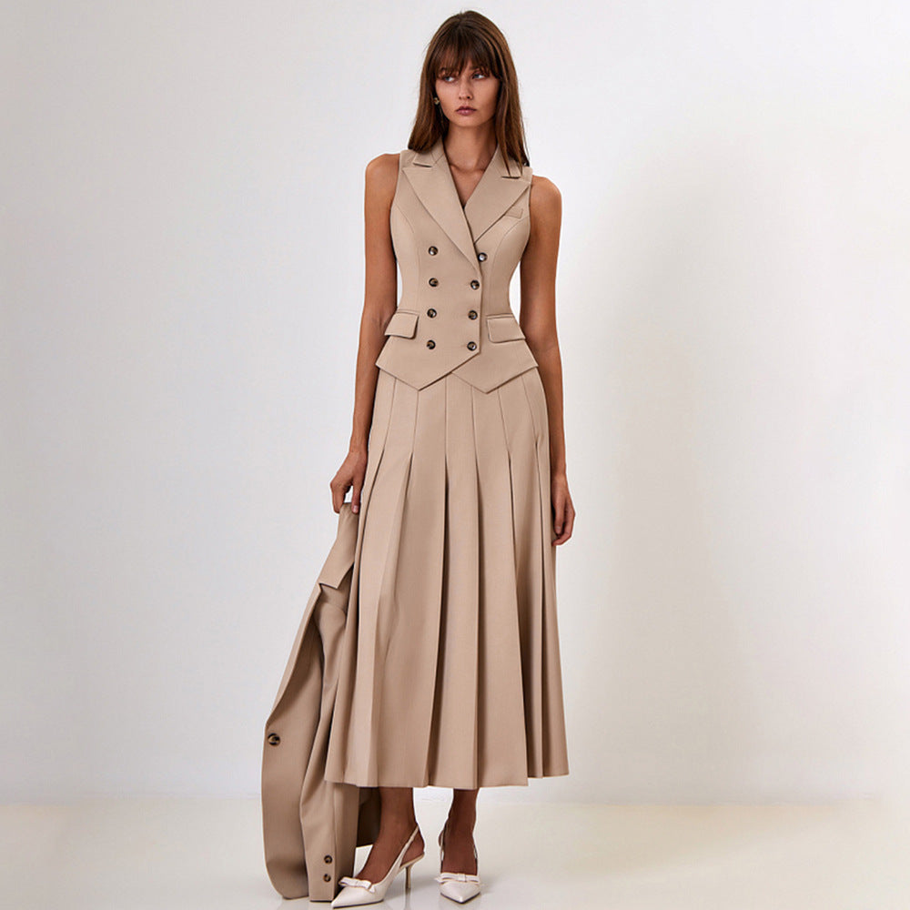 Ärmellose Weste Plisseekleid Zweiteiliges Set