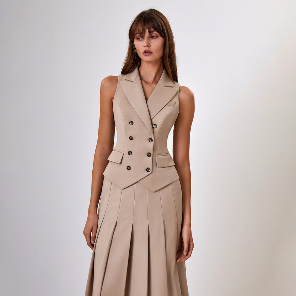 Ärmellose Weste Plisseekleid Zweiteiliges Set