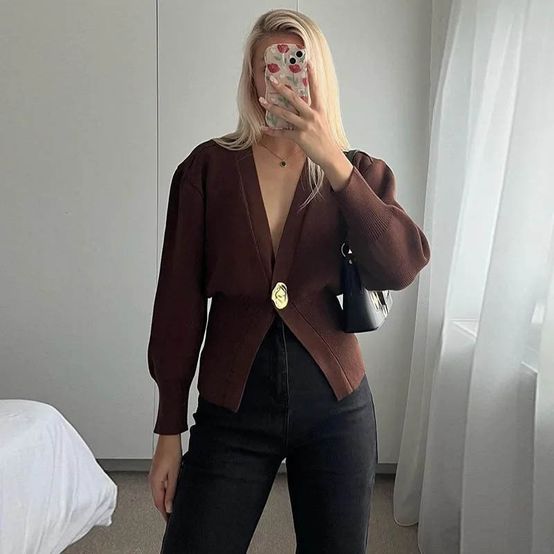 Neue V-Ausschnitt-Knopfstrickjacke gestrickter Pullover