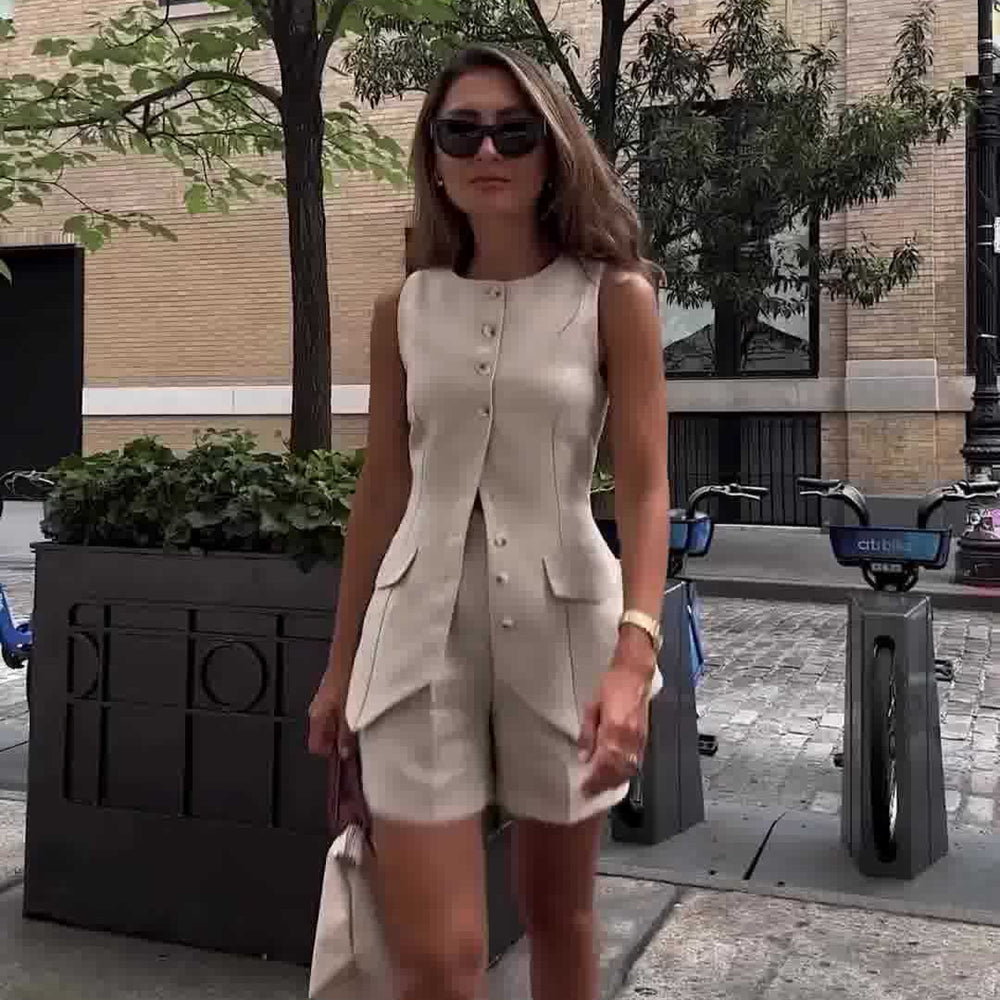Damen Einfarbig Schlanke ärmellose Weste Hohe Taillenshorts Zweiteiliges Set