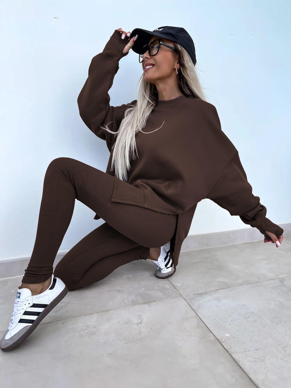 Pullover Anzug Casual Langarm Rundhalsausschnitt Schlitz Top Enge Hose
